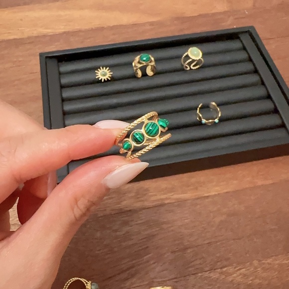 18K Gold Plated Emerald Green Vintage Adjustable Ring Set 7PCS Statement - Picture 4 of 15